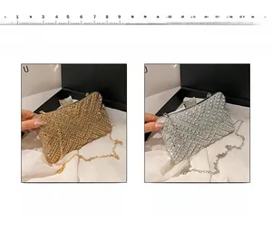 Detail view of gold and silver luxury rhinestone clutch bags with metal chain straps