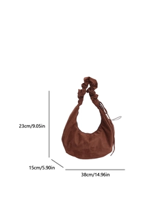 Detailed dimensions of brown suede crescent shoulder bag with pleated handle design