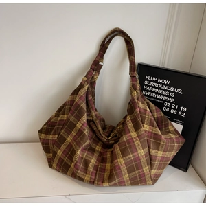 Grand Sac Fourre-tout Vintage à Carreaux pour Femmes Sac à Épaule en Tissu Décontracté Sac Hobo Tartan Rétro Travail Quotidien