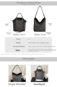 Detailed size chart for tweed tote bag showing dimensions and carrying options