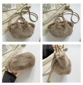 Multi-angle views of brown faux fur plush bag with shoulder strap and mink texture