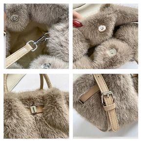 Detail view of khaki faux fur bag with magnetic closure and metal hook shoulder strap