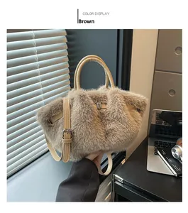 Detailed close-up of brown plush faux fur handbag with leather strap and metal buckle