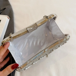 Elegant silver rhinestone clutch evening bag with metal chain strap and luxury finish
