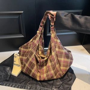 Grand Sac Cabas À Carreaux Femmes Vintage Sac À Épaule Décontracté Sac À Main En Tissu Navette Quotidienne Fermeture Éclair