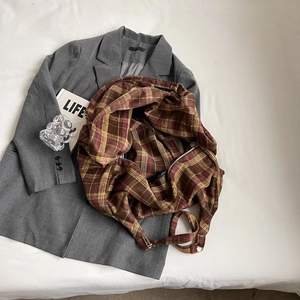 Grand sac cabas à carreaux marron avec bandoulière réglable et fermeture éclair
