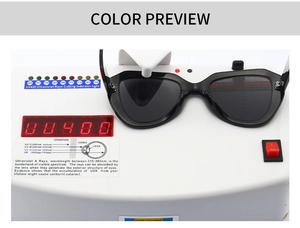 Black hexagon sunglasses showing UV400 protection level on a digital testing device