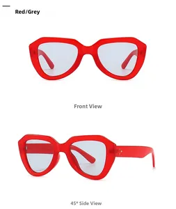 Front and 45-degree side views of retro hexagon sunglasses in red with grey lenses