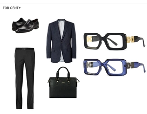 Layout stile business con occhiali rettangolari neri e blu navy con filtro luce blu