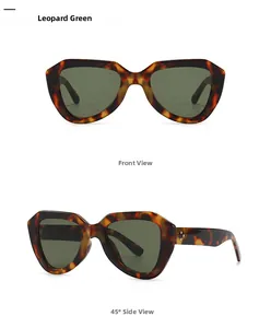 Detail of leopard green hexagonal sunglasses with dark lenses and silver rivet accents