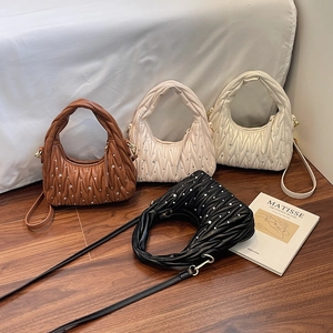 Women Pleated Rhinestone Shoulder Bag Matelassé PU Leather Handbag With Chain Crossbody Bag Elegant Fashion Daily Satchel Bag