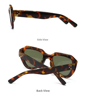 Detail view of tortoiseshell sunglasses showing side profile and back with silver rivets