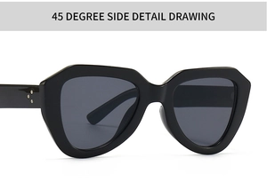 Close-up of modern hexagonal sunglasses with metal rivet detail on the black frame