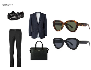 Flat lay set of navy pinstripe blazer, black trousers, leather bag and stylish sunglasses