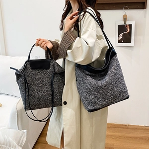 Retro grey tweed large capacity tote and small handbag set with black leather straps