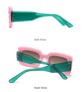 Zij- en achterkant van de retro rechthoekige zonnebril met roze montuur en groene pootjes