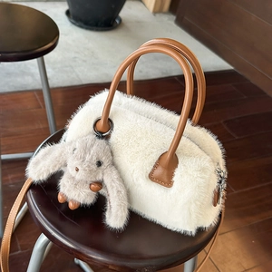 Borsa Boston Da Donna In Pelliccia Sintetica Borsa A Mano In Peluche Con Portachiavi A Coniglio Tracolla Commuter Invernale