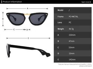 Tabella taglie occhiali da sole cat-eye con montatura PC metallo e larghezza 153mm