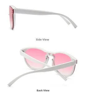 Seiten- und Rückansicht der weißen Sonnenbrille mit rosa Verlaufsgläsern und Metallstiften