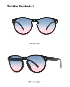 Front- und 45-Grad-Seitenansicht der schwarzen Sonnenbrille mit blau-rosa Verlaufsgläsern