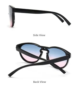 Detailansicht der Oversize-Sonnenbrille mit blau-rosa Verläufen und schwarzen Glanzrahmen