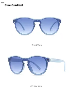 Detailsicht der Mode-Sonnenbrille mit blauem Verlaufsglas und silbernen Nietenakzenten