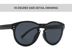 45-degree side view showing glossy black frame with metallic stud rivets on the temples