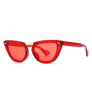 Occhiali da sole retrò cat eye con montatura rossa trasparente e ponte in metallo dorato