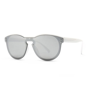 White oversized sunglasses with silver mirrored lenses and metal rivet details