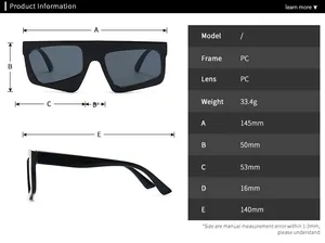 Size chart for PC large frame sunglasses with dimensions weight and measurement details