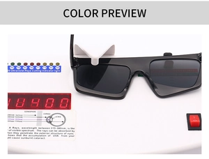 Detailed demonstration of black square sunglasses showing UV400 protection test results