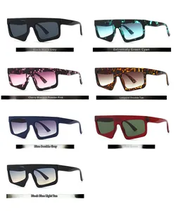 Detailed grid view of chunky square sunglasses in seven assorted colors and finishes