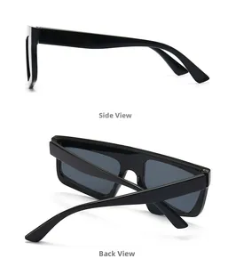 Detailed side and back views of black rectangular sunglasses with dark grey lenses