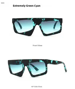 Front and side view of large square marble texture sunglasses with gradient blue lenses
