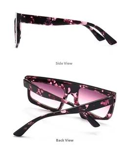 Side and back view of oversized flat top sunglasses with pink tortoiseshell frames