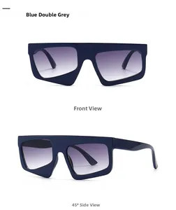 Macro view of blue geometric chunky sunglasses with gradient grey lenses from two angles