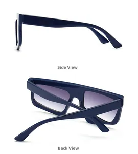 Side and back view of blue square sunglasses with purple gradient lenses on white backdrop