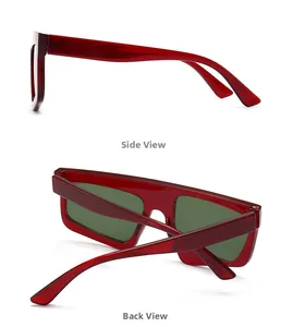 Side and back view of oversized red translucent frame sunglasses with dark green lenses