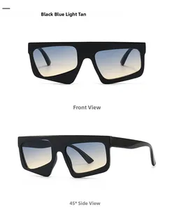 Oversized black geometric sunglasses with blue to light tan gradient lenses and side view