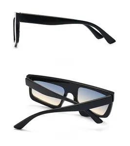 Detail view of rectangular sunglasses with black frame and blue-yellow gradient lenses