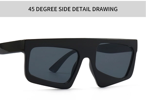 45-degree side view showing chunky black flat-top sunglasses with dark grey lenses