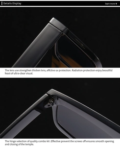 Close-up of high-quality metal hinges and reinforced black UV protection sunglasses