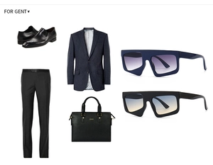 Flat lay of men's business set with leather brogues, navy blazer, and designer sunglasses