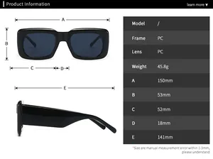 Size chart showing exact dimensions and PC material specs for square frame sunglasses