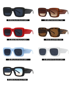 Grid display of thick frame rectangular sunglasses in seven vibrant color options