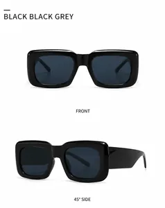 Front and 45-degree side view of oversized black square sunglasses with grey lenses