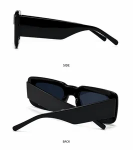 Side and back view of oversized black square sunglasses with polished frame