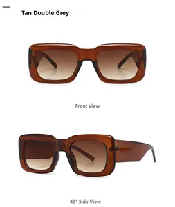 Front and 45-degree side view of oversized tan gradient square sunglasses for men and women