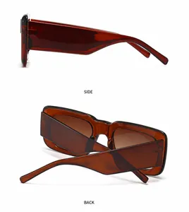 Detail view of large square sunglasses with amber translucent frames from side and back