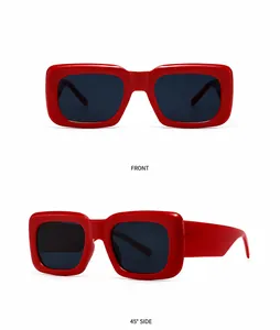 Front and 45-degree side views of bold red rectangular chunky frame sunglasses